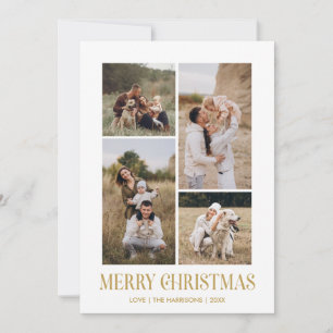 Simple Merry Christmas 4 Photo Collage GOLD Holiday Card
