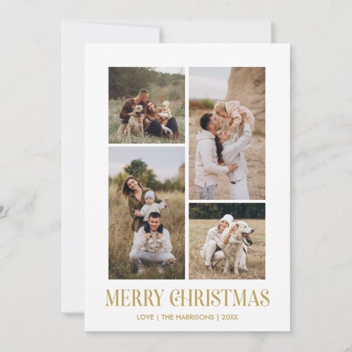 Simple Merry Christmas 4 Photo Collage  GOLD Holiday Card