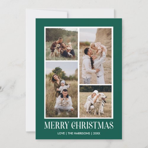 Simple Merry Christmas 4 Photo Collage  GREEN Holiday Card