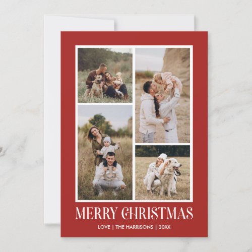 Simple Merry Christmas 4 Photo Collage  RED Holiday Card