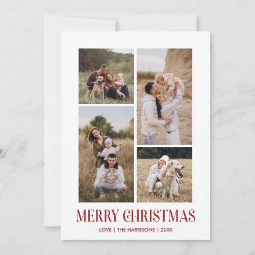 Simple Merry Christmas 4 Photo Collage  RED Holiday Card