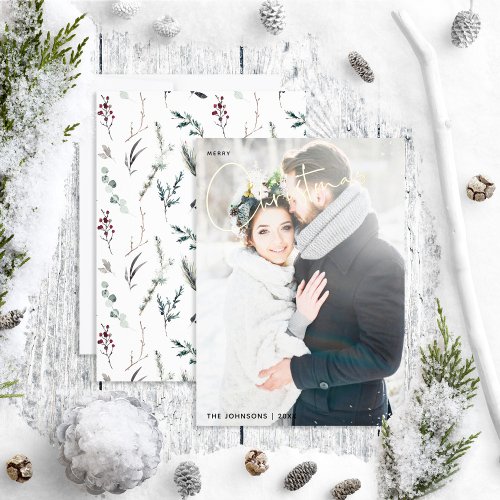 Simple Merry Christmas Black Winter Wedding Photo Foil Holiday Card