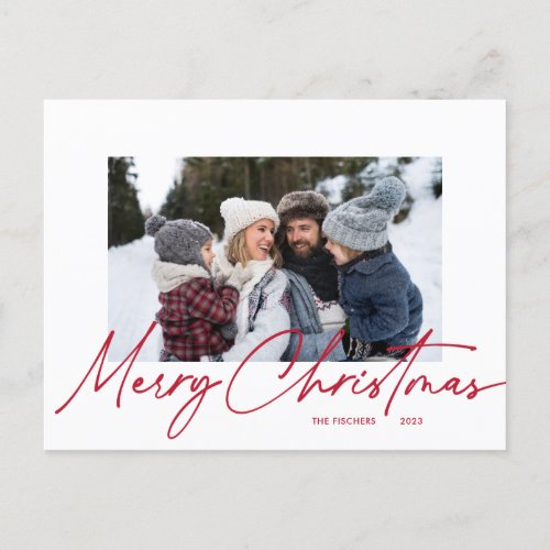 Simple Merry Christmas Calligraphy Photo Holiday Postcard