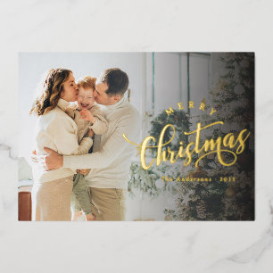 Simple Merry Christmas Calligraphy Script Photo Foil Holiday Card