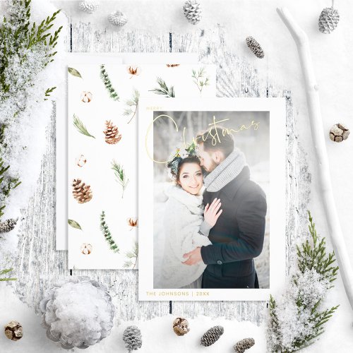 Simple Merry Christmas Cotton Winter Wedding Photo Foil Holiday Card