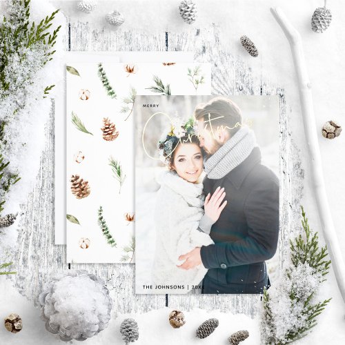 Simple Merry Christmas Cotton Winter Wedding Photo Foil Holiday Card