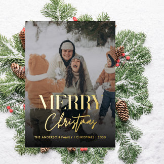 Simple Merry Christmas Family Photo Vintage Plaid Foil Holiday Card