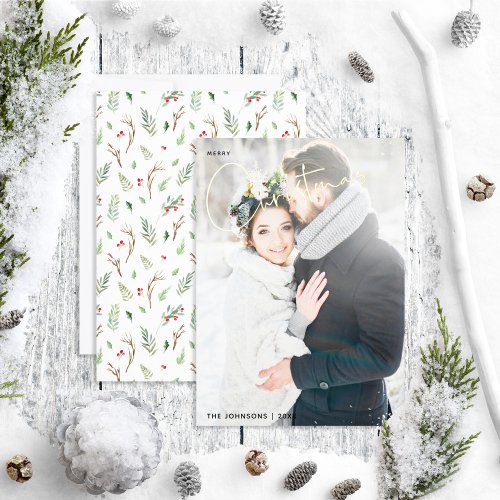 Simple Merry Christmas Forest Berry Wedding Photo Foil Holiday Card