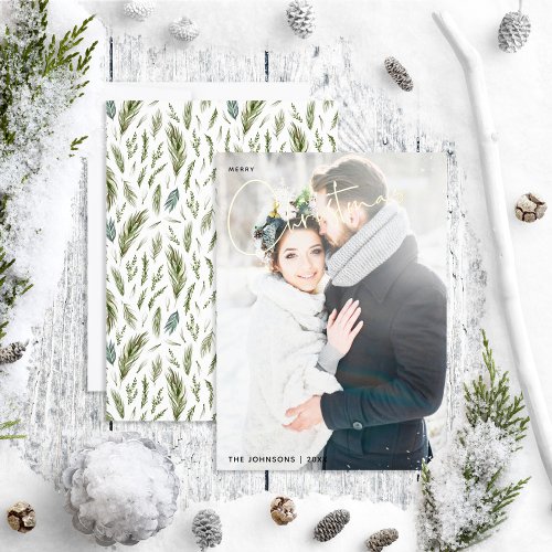 Simple Merry Christmas Forest Wedding Photo Foil Holiday Card