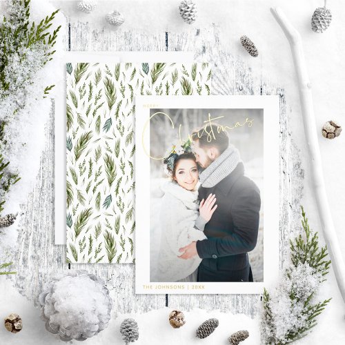 Simple Merry Christmas Forest Wedding Photo Foil Holiday Card
