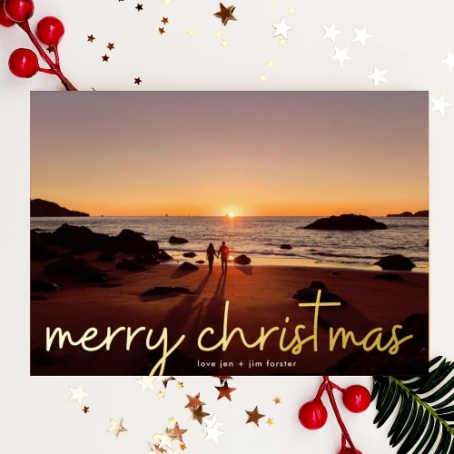 simple merry christmas Gold Photo Foil Holiday Card