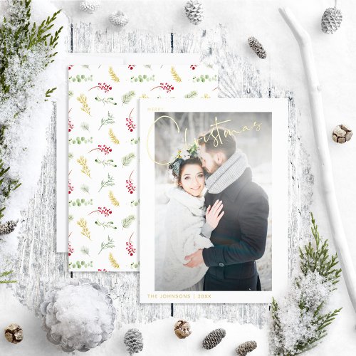 Simple Merry Christmas Gold Winter Wedding Photo Foil Holiday Card