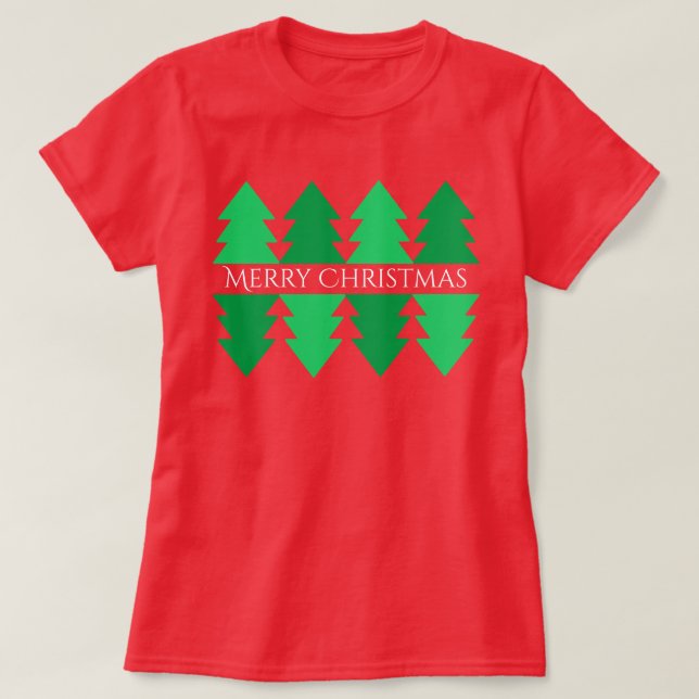 Simple Merry Christmas Green Tree Design Red T-Shirt (Design Front)
