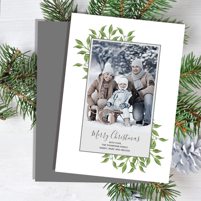 Simple Merry Christmas Greenery Photo Holiday Card (Merry Christmas holiday greenery photo card with a grey border. )