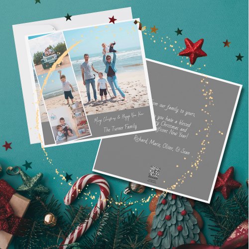Simple Merry Christmas Happy New Year 4 Photo Holiday Card