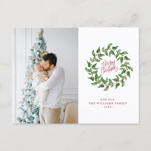 Simple Merry Christmas Holly Berries Photo Holiday Postcard