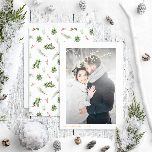 Simple Merry Christmas Holly Berry Wedding Photo Foil Holiday Card