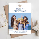 Simple Merry Christmas Modern Photo Beach Holiday Card<br><div class="desc">Simple Merry Christmas Modern Photo Beach Holiday Card. Fun modern minimalist design, with an easy cheerful coastal feel, shown in white with storm blue text dark sand colored starfish, and one photo. Black has been left intentionally blank in solid with so you may add a handwritten note - or add...</div>
