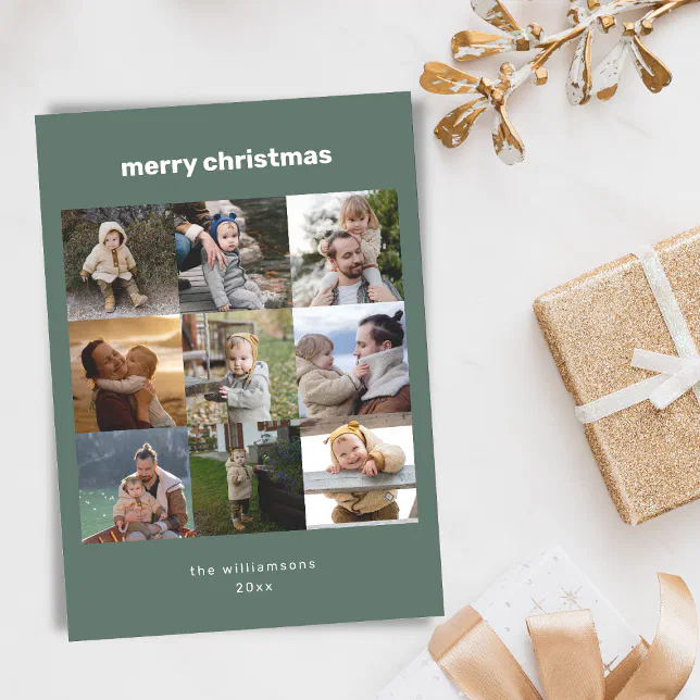 Simple Merry Christmas Multi Photo Grid Cute Green Holiday Card | Zazzle
