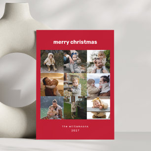Simple Merry Christmas Multi Photo Grid Modern Red Holiday Card