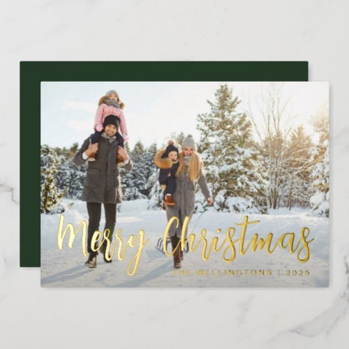 Simple Merry Christmas Photo Real Gold  Foil Foil Holiday Card