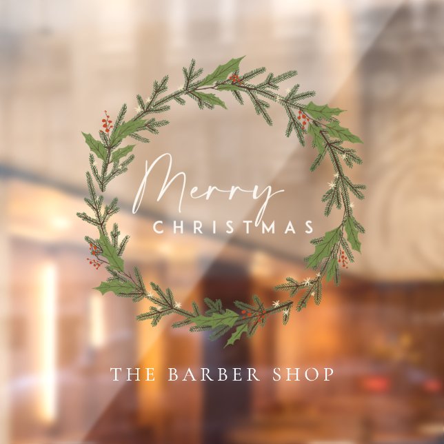 Simple Merry Christmas Pine Berries Green Wreath   Window Cling (Sheet 2)