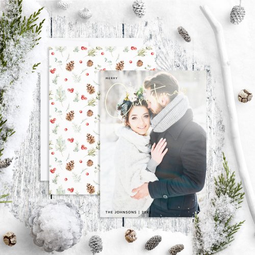 Simple Merry Christmas Pine Berry Wedding Photo Foil Holiday Card
