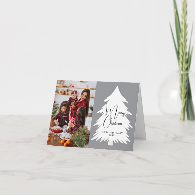 Simple Merry Christmas Pine Tree family photo Card (Front)