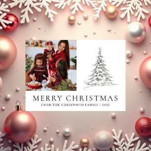 Simple Merry Christmas Pine Tree family photo Holiday Card