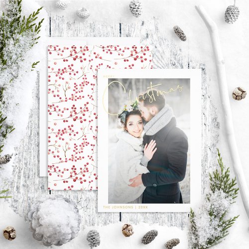 Simple Merry Christmas Red Berry Wedding Photo Foil Holiday Card