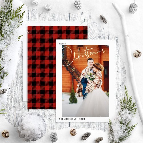 Simple Merry Christmas Red Plaid Winter Photo Foil Holiday Card