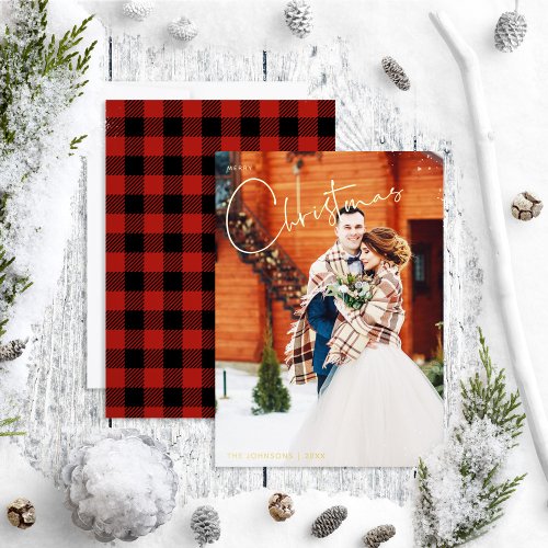 Simple Merry Christmas Red Plaid Winter Photo Foil Holiday Card