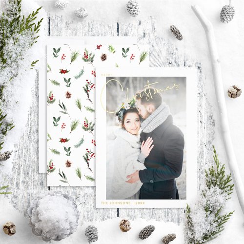 Simple Merry Christmas Red Winter Wedding Photo Foil Holiday Card