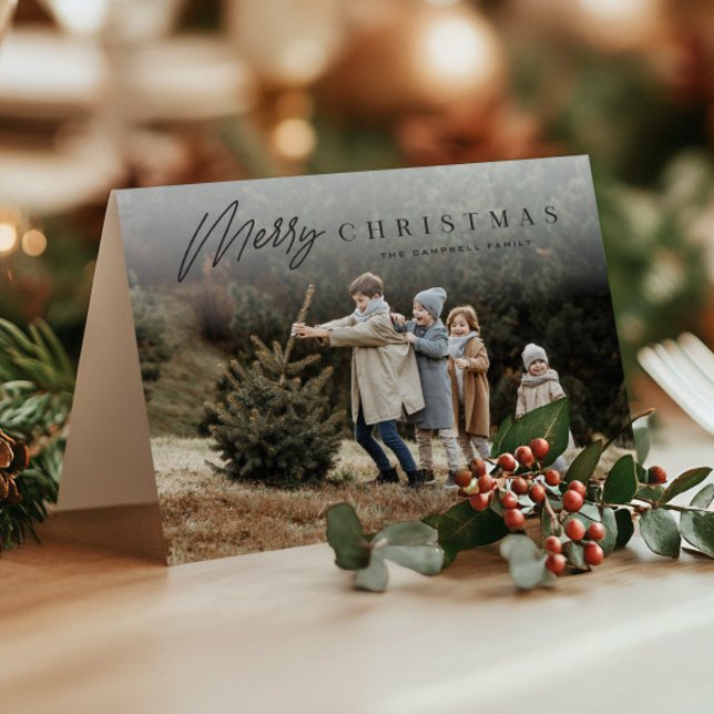 Simple Merry Christmas Script 3 Photo  Holiday Card (Modern Merry Christmas 3 Photo Holiday Cards.)