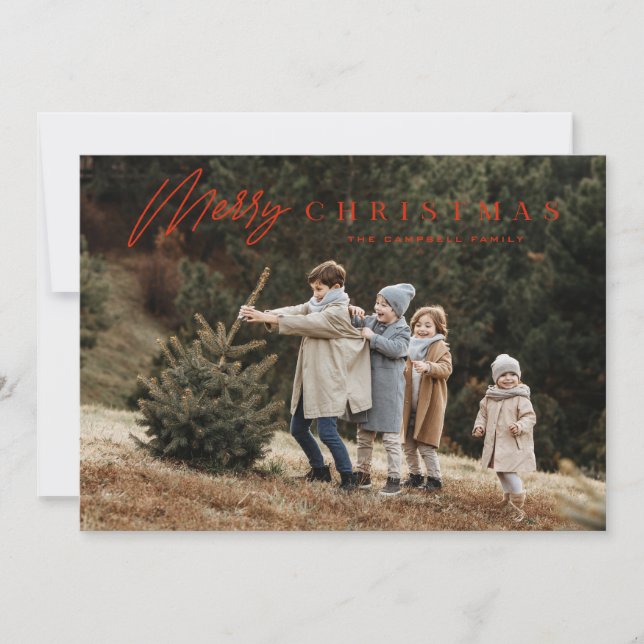 Simple Merry Christmas Script 3 Photo  Holiday Card (Front)