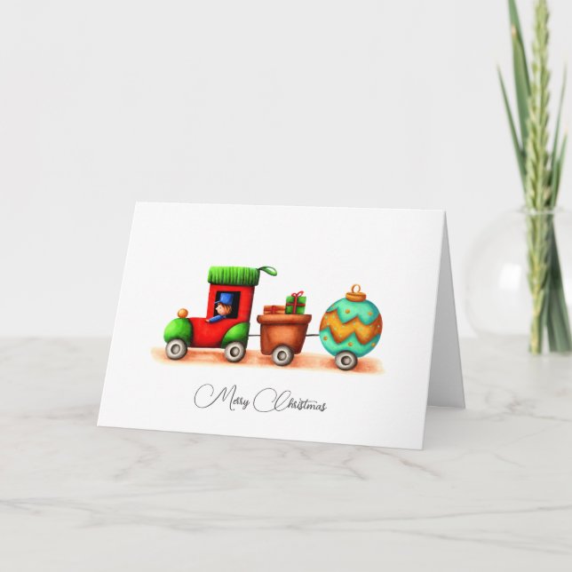 Simple Merry Christmas Train with Ornaments Holiday Card (Front)