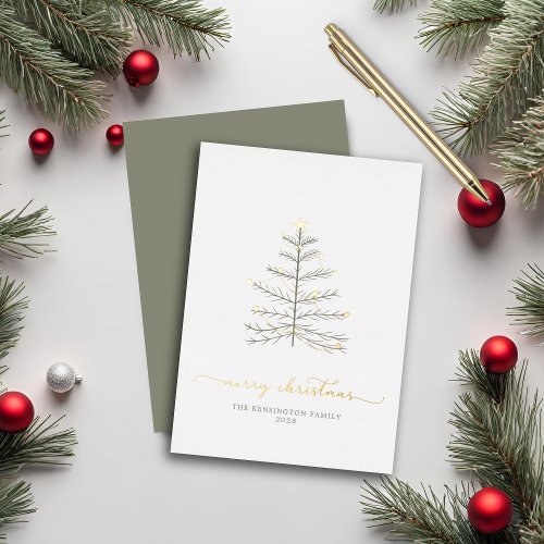 Simple Merry Christmas Tree Script Typography Foil Holiday Card