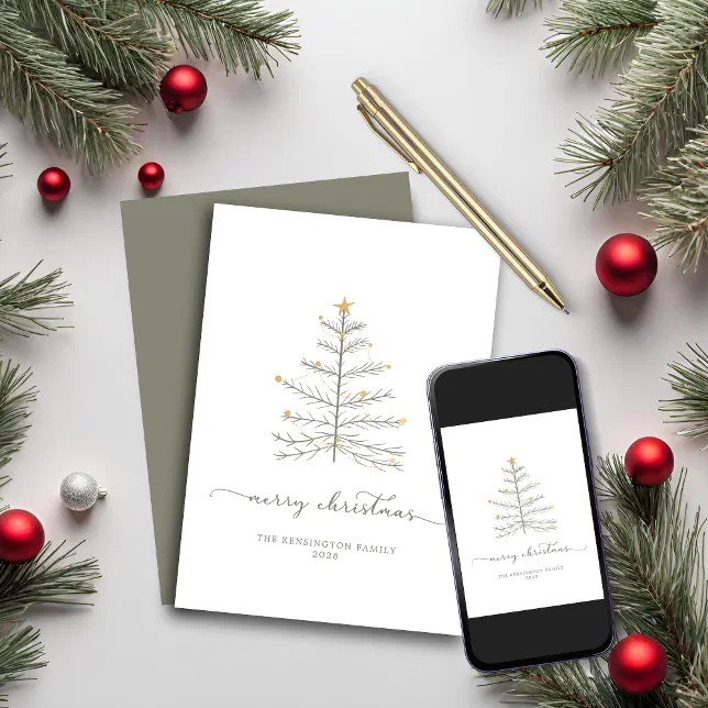 Simple Merry Christmas Tree Script Typography Holiday Card | Zazzle
