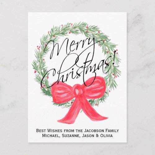 Simple Merry Christmas Watercolor Wreath Holiday Postcard