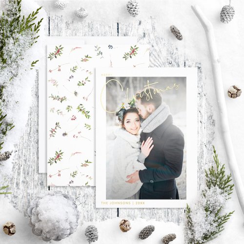 Simple Merry Christmas Winter Berry Wedding Photo Foil Holiday Card