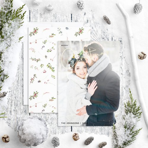 Simple Merry Christmas Winter Berry Wedding Photo Foil Holiday Card