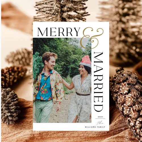 Simple Merry  Married Newlywed Christmas 4 Photos Holiday Card