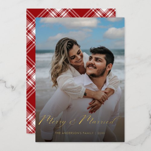 Simple  Merry  Married Newlywed Christmas Tartan  Foil Holiday Card
