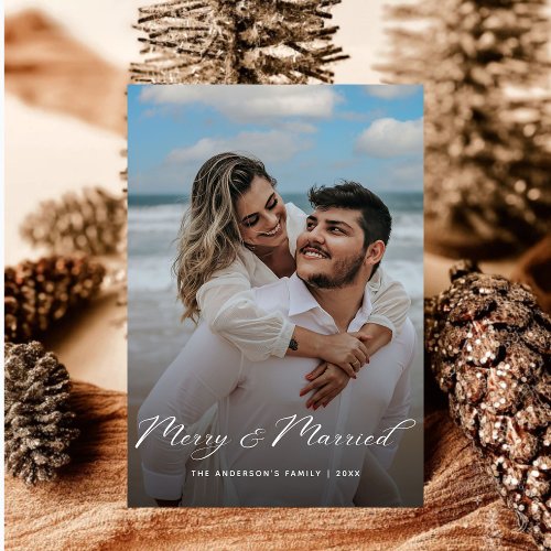 Simple  Merry  Married Newlywed Christmas Tartan  Holiday Card