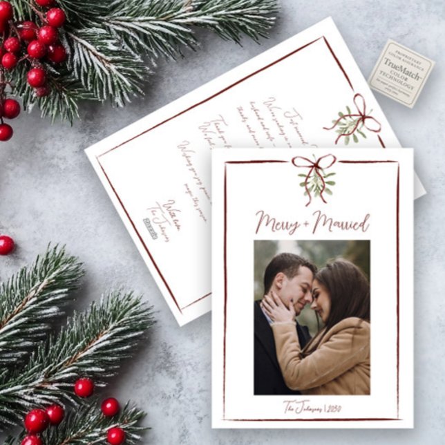 Simple Merry & Married Red Bow Photo Doodle Holiday Card (Creator Uploaded)