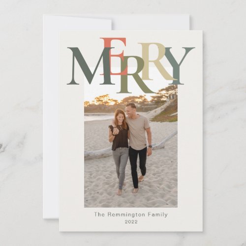 Simple Merry Photo Flat Sage Orange Ivory Holiday Card