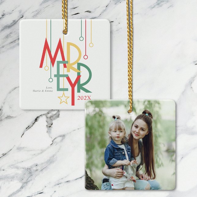 Simple Merry Photo Red Yellow Ceramic Ornament (Creator Uploaded)