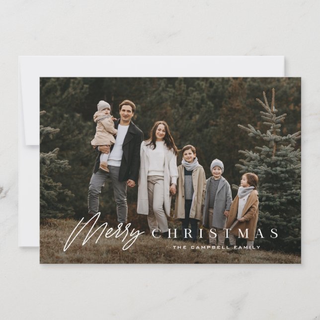 Simple Merry Script 3 Photo Christmas Holiday Card (Front)