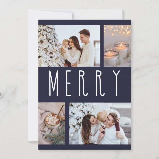 Simple Merry typography multiple photo collage  Holiday Card (Front)