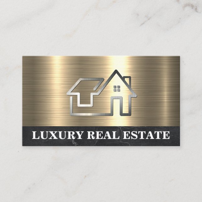 Simple Metal Home Logo | Gold Marble Business Card (Front)